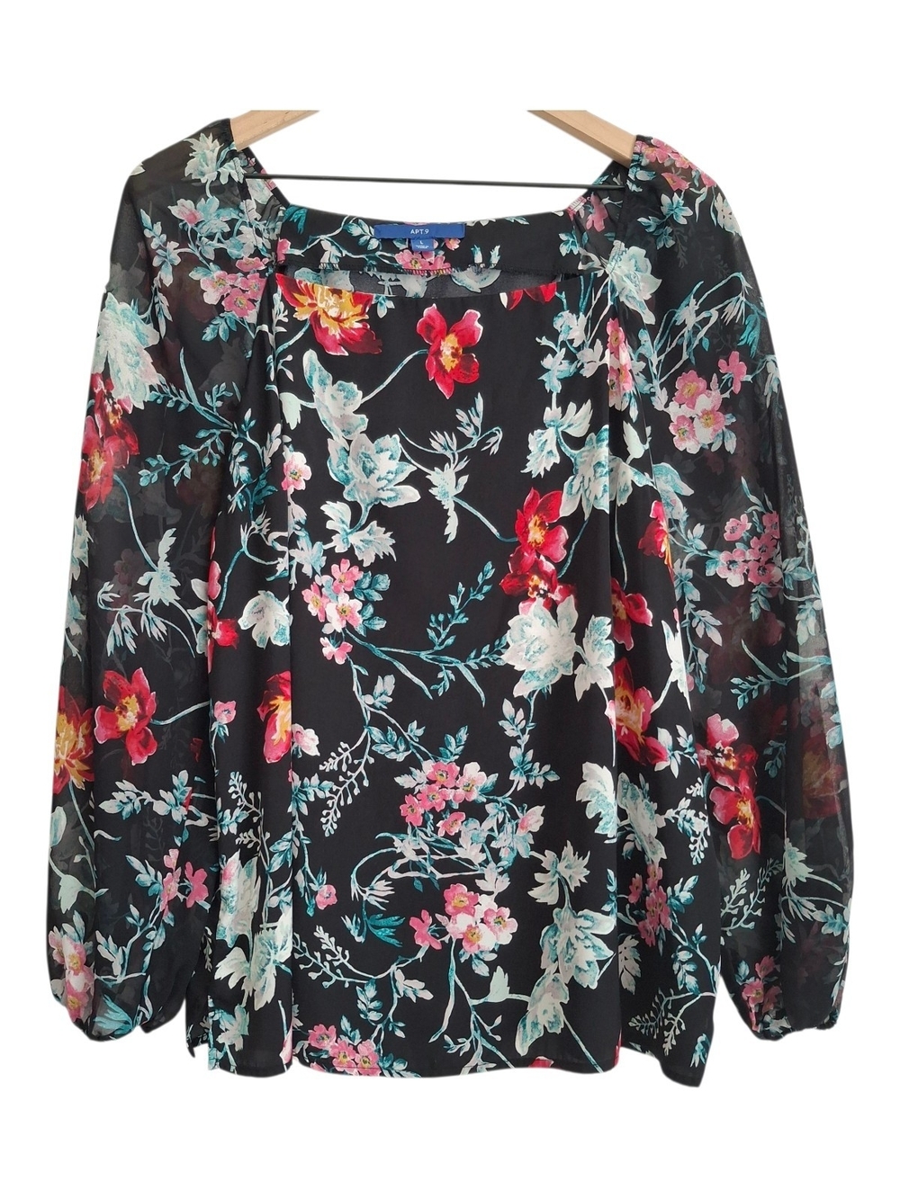 Apt. 9 Black Floral Lightweight Sheer Sleeve Blouse, Size L